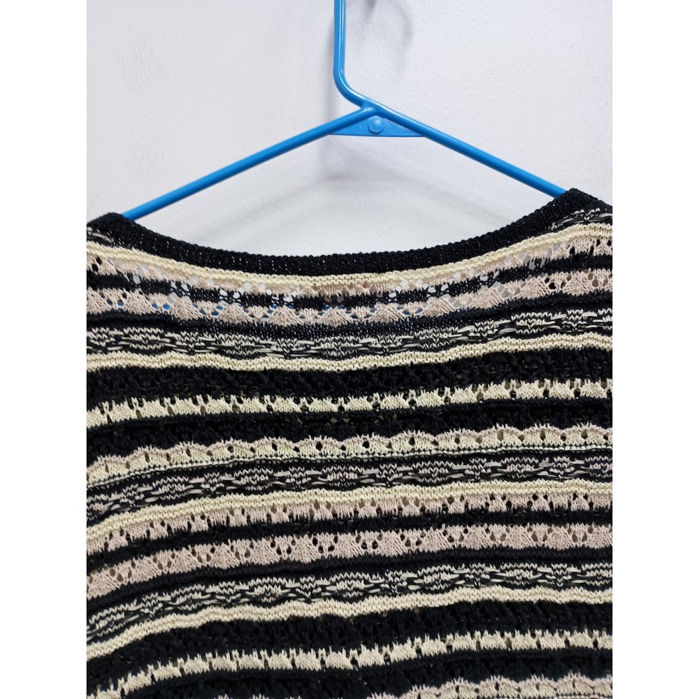 Belle Boho Kim Gravel Short Sleeve Crochet Top Women L Black Cream Striped Knit - Picture 10 of 11